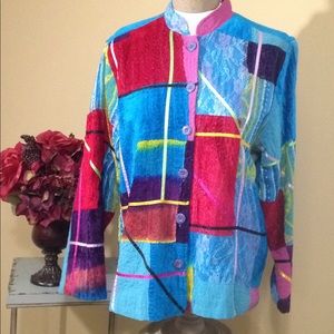 Patchwork Jacket Blazer Unique Coat of many Color Rainbow Studio Works Petite PL